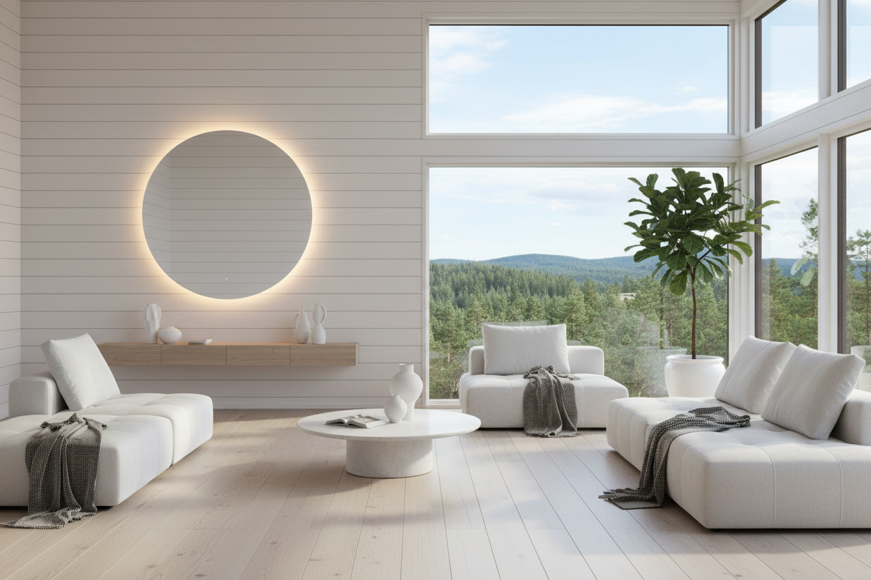 Led veidrodis  prabangiame skandinaviško stiliaus interjerte vyrauja medis bei baltos spalvos baldai  langas kuriame matosi gamta 